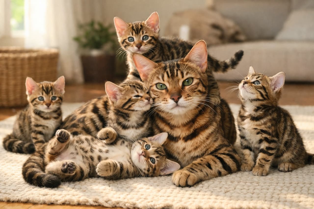「「みんな元気に大きくなってニャ🐾」ベンガルファミリーのモフモフ大集合に癒やされたら、ぜひいいねしてね❤️ #へそ天 #ベンガルキャット #猫の楽園」An ultra-realistic high-quality photograph of a Bengal cat mother with luminous green eyes lying on a cream woven rug, surrounded by her five adorable kittens. The kittens are in various playful poses—one showing its spotted belly while lying on its back, another climbing on the mother's back—all highlighting their beautifully distinct rosette-patterned fur under soft, warm indoor lighting. 明るく温かみのあるリビングの白い織り絨毯の上で、美しいグリーンアイを持つベンガルの母猫が、5匹の愛らしい子猫たちに囲まれているクローズアップ写真。子猫たちは仰向けで斑点模様のお腹を見せたり、母猫の背中に登ったり、上を見上げたりと自由なポーズをとっており、柔らかな自然光が彼らの鮮明なロゼット模様(豹柄)の被毛を優しく照らしている最高画質な1枚