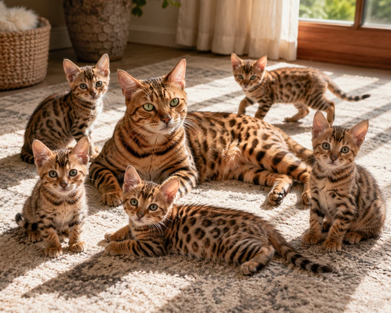 「みんな、こっち向いて〜!📸✨」奇跡のカメラ目線をくれた、美しすぎるベンガルファミリーに乾杯!🥺💖 #ベンガル猫 #子猫のいる暮らし #奇跡の一枚」Ultra-realistic high-quality photograph of a majestic Bengal mother cat laying in the center of a carpeted room, surrounded by five adorable kittens. Most of the kittens and the mother look directly at the camera with clear, curious eyes. Strong sunlight streams in, casting beautiful striped shadows across the floor, highlighting their vivid spotted coats and striking green eyes. 明るい室内のカーペットの上で、鮮明なロゼット模様と美しいエメラルドグリーンの瞳を持つ成猫のベンガルが中央に堂々と伏せている。その周囲を5匹の愛らしい子猫たちが取り囲み、その多くがカメラを真っ直ぐに見つめている。手前中央の子猫はリラックスして寝そべり、他の子猫たちはお座りや立ったポーズをとっている。窓からの強い日差しが斜めに差し込み、床に美しい縞模様の影を落としており、猫たちの鮮やかな豹柄の被毛をドラマチックに際立たせている