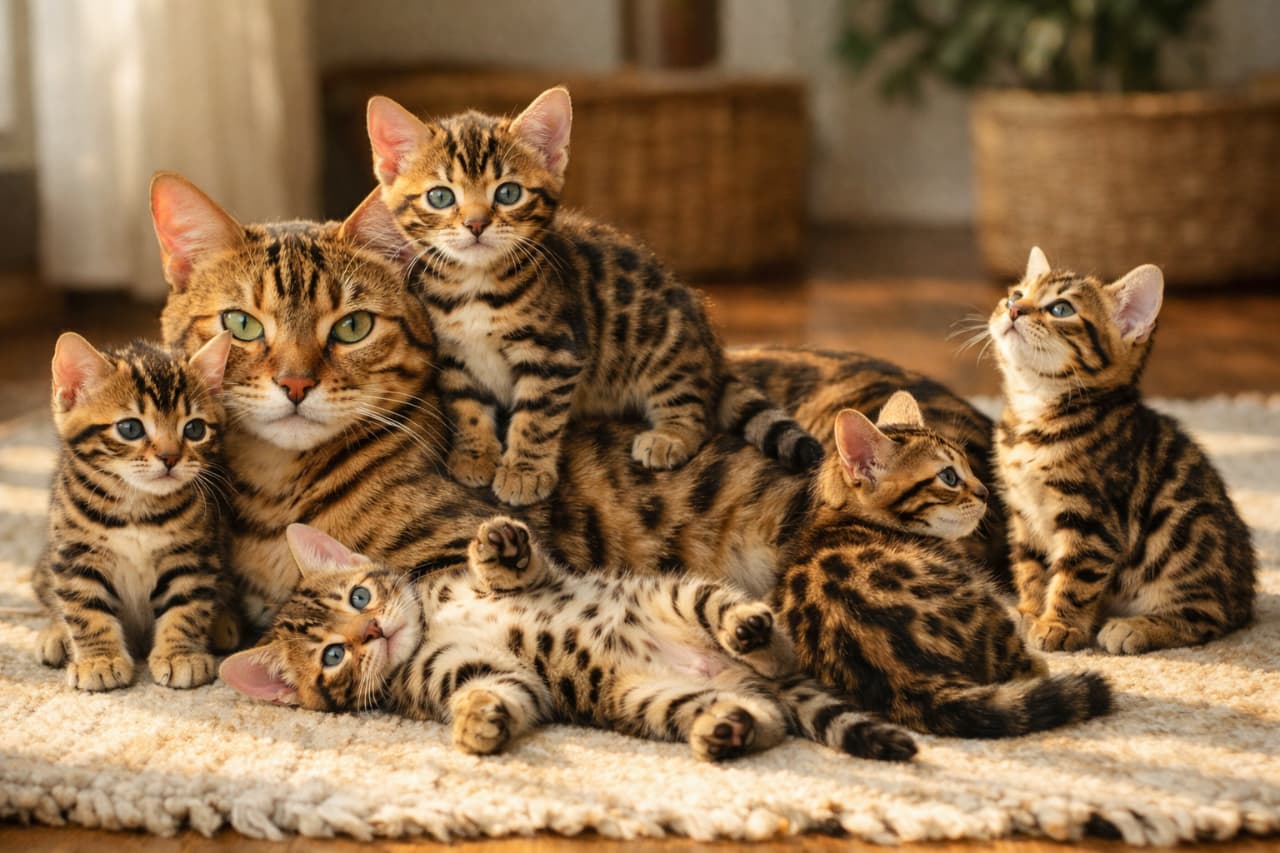 「右の子猫ちゃん、何を見つめているのニャ?向こうにある未来かな…?✨背中に乗っちゃうアクティブさもベンガルらしくて最高に愛おしいニャ!🐆💛」Ultra-realistic high-quality photograph of a Bengal cat family basking in strong side sunlight. One kitten climbs onto the mother's back, while another on the right gazes upward with bright blue eyes, creating a dynamic and curious scene. 強い日差しが横から差し込む明るいリビングで、毛並みの美しいベンガルの母猫が左側を見つめて寛いでいます。その背中の上には1匹の子猫がしっかりと乗り、右側では別の子猫が美しいブルーアイで斜め上をキラキラとした表情で見上げています。手前では無防備に仰向けに伸びる子猫もおり、光と影のコントラストが美しい高画質な写真