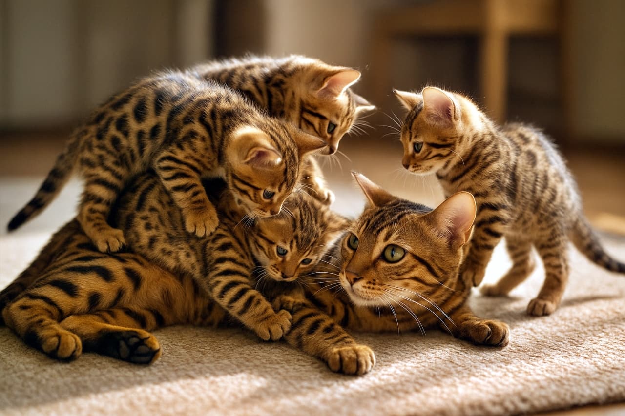 A photorealistic indoor scene of a Bengal mother cat lying on a sunlit rug while four fluffy Bengal kittens playfully climb and tumble over her back and shoulders. Each kitten is clearly visible with distinct paws, legs, and bodies, and the mother gazes warmly at one kitten in soft morning light. 日差しの入る室内で、ベンガルの母猫がラグの上に横たわり、その背中や肩に4匹の子猫がじゃれつきながら登っているフォトリアルなシーン。子猫たちは全身がはっきり見え、母猫は一匹を優しく見つめている様子が柔らかな朝の光に包まれている