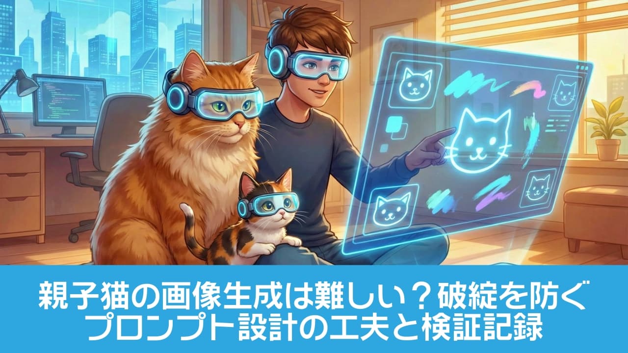A young person and two cats wearing AR goggles interact with a holographic screen in a cozy tech room. 若者と2匹の猫がARゴーグルを着け、暖かな室内でホログラム画面を操作している未来的な空間