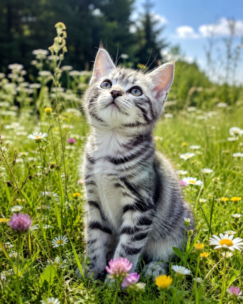 「お花畑で何を見つけたのかな?🌼✨青空と緑に囲まれた子猫ちゃんの、絵本みたいなキラキラな瞬間をパシャリ📸」Ultra-realistic high-quality photograph of a silver tabby kitten sitting in a green meadow filled with wildflowers like daisies, looking up at the clear blue sky. デイジーやクローバーなどの野花が咲き乱れる緑の草原でお座りし、青空を見上げるシルバータビー(サバトラ)の子猫。自然の光が美しい、超高画質でリアルな写真
