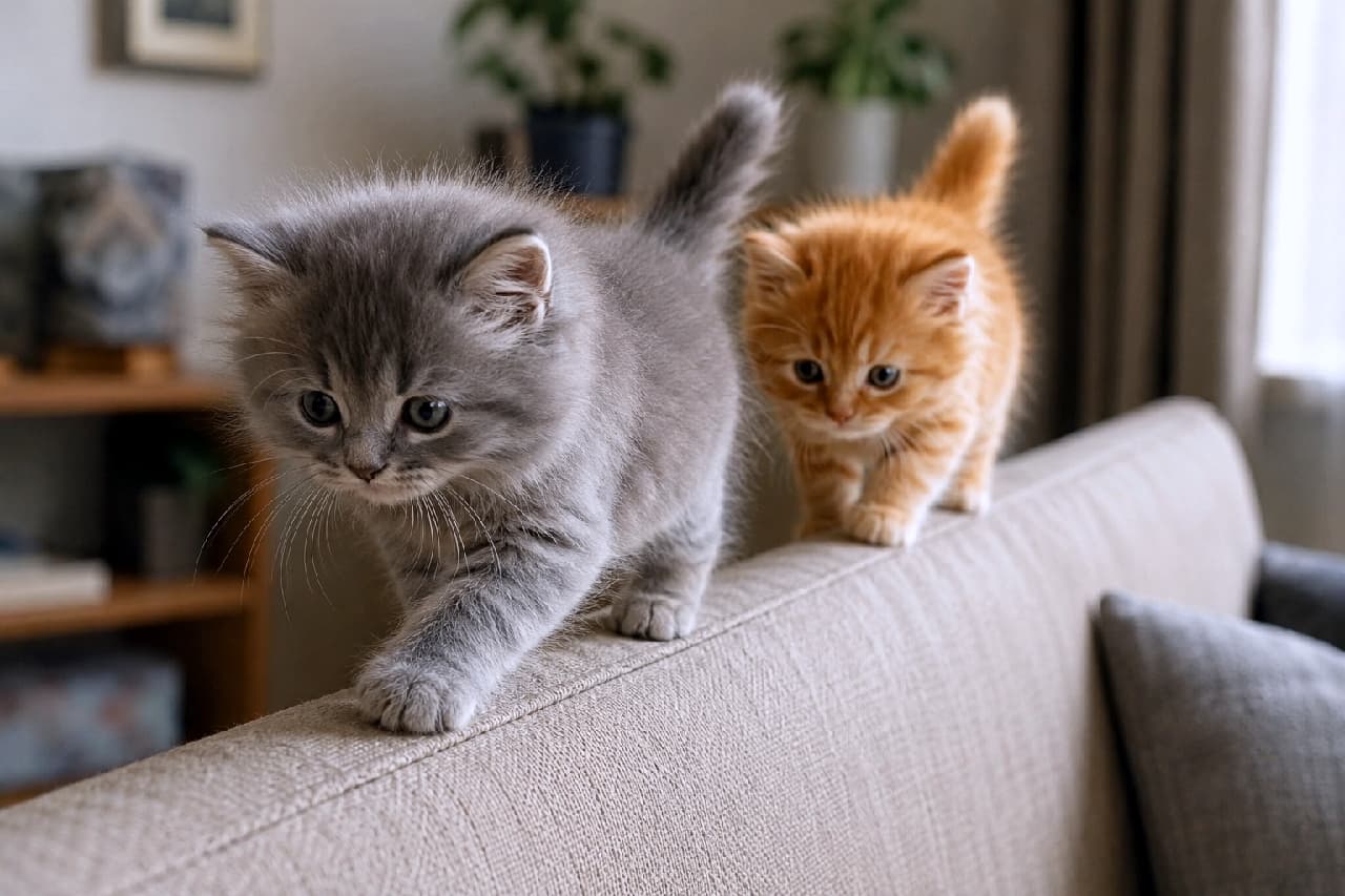「ソファの上はぼくたちのランウェイ!🐈🐾 落ちないようにそーっとね🤫 探検隊のふたりにエールを!🚩✨ #子猫の冒険 #茶トラ #子猫のいる暮らし #子猫のいる生活 #仲良しきょうだい #猫好きさんと繋がりたい」Ultra-realistic high-quality photograph of two fluffy kittens gracefully walking along the narrow backrest of a grey sofa like a catwalk. A blue-grey kitten leads with a focused expression, followed closely by a vibrant orange kitten, set in a modern, subtly blurred living room. シックなグレーのソファの細い背もたれの上を、キャットウォークのように器用に歩いてくる2匹の長毛気味の子猫たち。先頭のブリティッシュショートヘアを思わせるブルーグレーの子猫が真剣な表情で足元を見つめ、後ろから元気な茶トラの子猫が尻尾を立てて続いてくる、躍動感のある室内スナップ