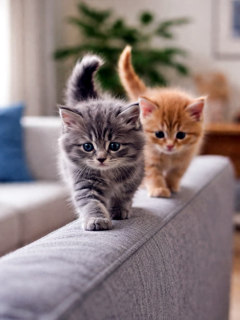 A fluffy grey kitten leads a ginger kitten as they carefully walk tightrope-style along the narrow top edge of a sofa backrest indoors. ふわふわのグレーの子猫が先頭に立ち、茶トラの子猫を連れて、室内のソファ背もたれの細い縁を綱渡りのように慎重に歩いている様子