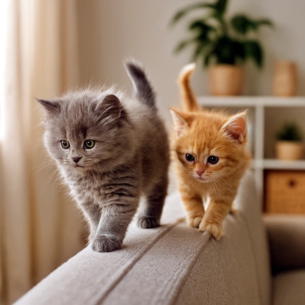 Two kittens walking tightrope-style along a sofa backrest — a fluffy grey kitten leads with focus while a ginger kitten follows cautiously, both balancing with raised tails in a softly lit living room. ふわふわの灰色の子猫が先導し、慎重な表情の茶トラの子猫が後を追う。2匹はリビングのソファ背もたれの縁を綱渡りのように歩き、尾を高く上げてバランスを取っている