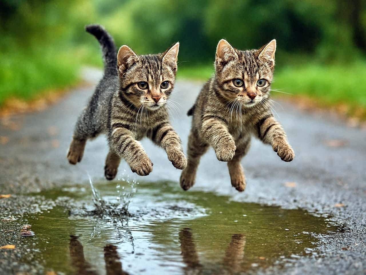 Two domestic shorthair kittens leap mid-air over a shallow rain puddle on a paved path, their legs extended and tails raised as water splashes beneath them. The background is softly blurred with green foliage and fallen leaves. 2匹の短毛種の子猫が舗装された小道の浅い水たまりをジャンプしている瞬間。脚を伸ばし、尻尾を立てて空中に浮かび、水しぶきが足元に広がっている。背景には緑の草木と落ち葉がぼんやりと映っている