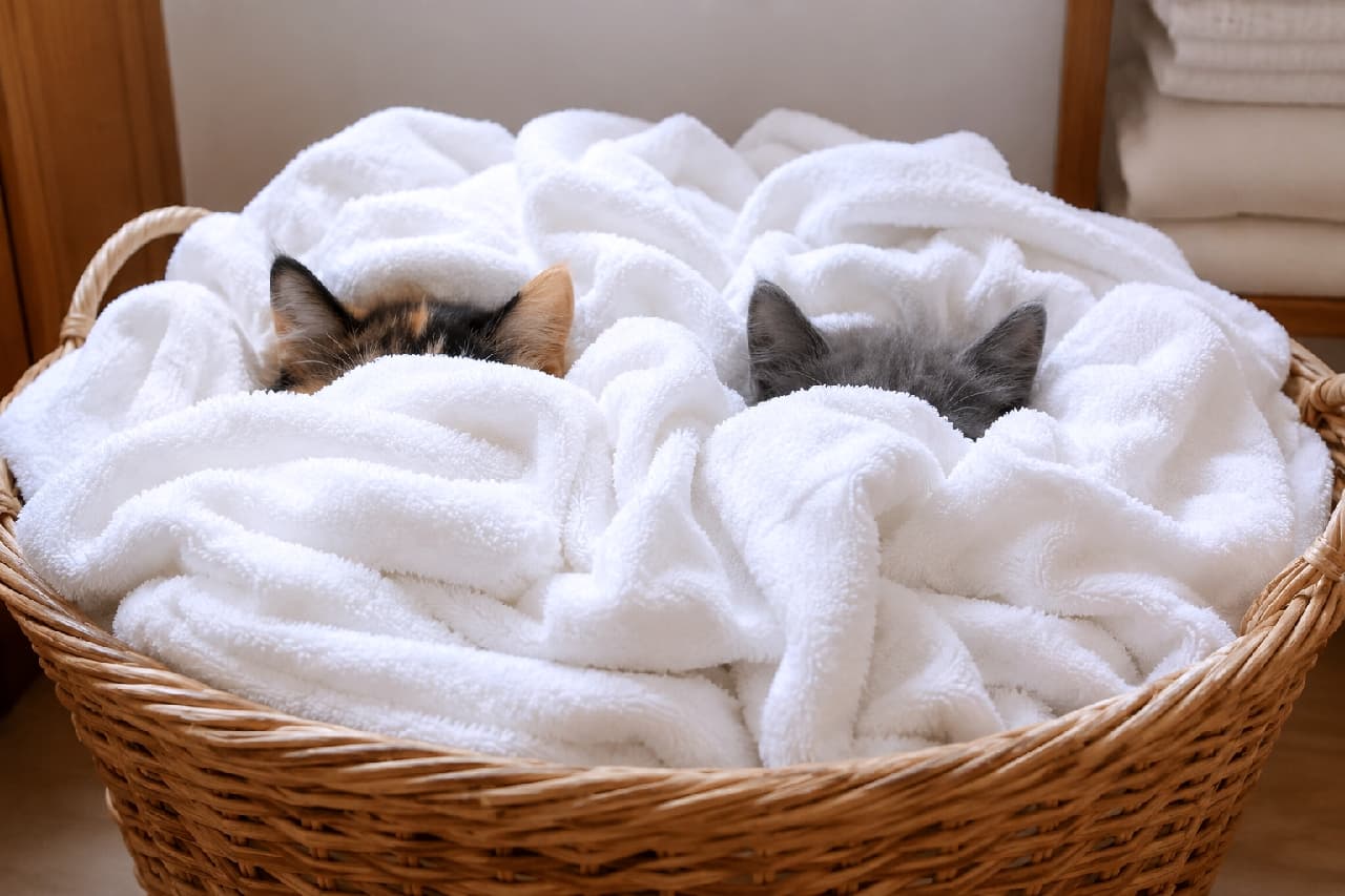 「あれれ?タオルの中から可愛いお耳がふたつ…いやよっつ生えてる!?😹 最高の隠れ家を見つけちゃったみたいです🧺🐾 #かくれんぼ猫 #猫あるある #子猫のいる生活 #猫のいる暮らし #仲良しきょうだい #猫好きさんと繋がりたい」Ultra-realistic high-quality photograph of a wicker laundry basket overflowing with plush, pure white towels, where two kittens are completely buried. Only the tips of their ears—one pair showing calico (black and orange), the other solid slate grey—are poking out from the folds, creating a humorous, minimalist, and exceptionally clean composition. ナチュラルな籐(ラタン)のランドリーバスケットに山盛りになった、洗い立てのような純白のフカフカタオルの間に完全に埋もれている2匹の子猫。タオルの隙間から、三毛特有の黒とオレンジの耳と、ロシアンブルーのような美しいグレーの耳だけがピンと飛び出している、ユーモアと清潔感にあふれたミニマルで可愛らしい構図
