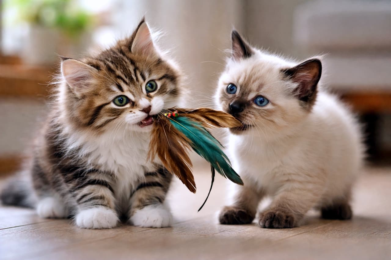 Two kittens gently tug a colorful feather toy with their mouths on a wooden floor, a fluffy Norwegian Forest kitten and a smaller Siamese kitten playing together in soft natural light. 木の床の上で、ふわふわのノルウェージャンフォレストキャットの子猫と小さなシャム子猫が、カラフルな羽根のおもちゃを口でくわえて仲良く引っ張り合って遊んでいる様子