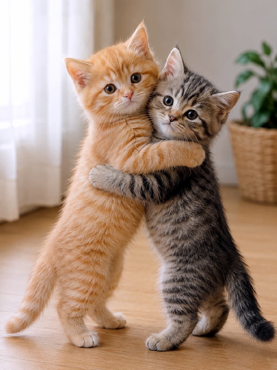 「「大好きーっ!」って声が聞こえてきそう🐾 尊すぎる子猫たちのハグに今日も1日癒やされよう🥺💖 #猫のいる暮らし #仲良しきょうだい #猫好きさんと繋がりたい」Ultra-realistic high-quality photograph of two short-haired kittens, an orange tabby and a brown tabby, standing on their hind legs and hugging each other warmly on a wooden floor near a sunlit window. The brown tabby casts an adorable, innocent glance towards the camera, enhanced by the natural vibe of a potted plant in the background. 柔らかな自然光が差し込む窓辺のフローリングで、短毛種の茶トラとキジトラの子猫が後ろ足で立ち上がり、まるで人間のようにお互いをギュッと抱きしめ合っている愛らしい姿。丸みを帯びたふわふわのフォルムと、キジトラがこちらをチラリと見つめるあどけない表情が魅力的で、背景の観葉植物がナチュラルな雰囲気を引き立てています