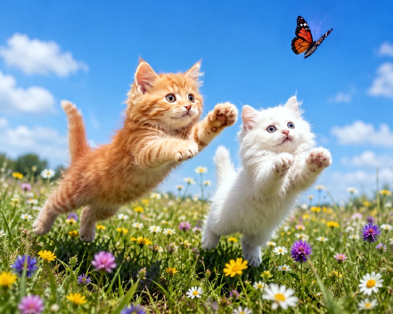 「待って〜!🦋 大自然の中を全力ジャンプする子猫たち🐾 みなぎるエネルギーに元気をもらえますよね💪✨ #ジャンプ猫 #奇跡の一枚 #子猫のいる生活 #猫のいる暮らし #仲良しきょうだい #猫好きさんと繋がりたい」Ultra-realistic high-quality photograph of two kittens, one orange tabby and one fluffy solid white, leaping high in the air together to catch a monarch butterfly. Set in a vibrant flower meadow under a clear blue sky with fluffy clouds, capturing a highly dynamic, vital, and energetic moment. 澄み切った青空と白い雲を背景に、色とりどりの小花が咲き乱れる春の野原で、茶トラと純白の長毛の子猫が、宙を舞う美しいオオカバマダラ(蝶)に向かって一斉に大ジャンプしている躍動感あふれる瞬間。前足をいっぱいに伸ばし、真剣な瞳でターゲットを見つめる姿が生命力に満ちています