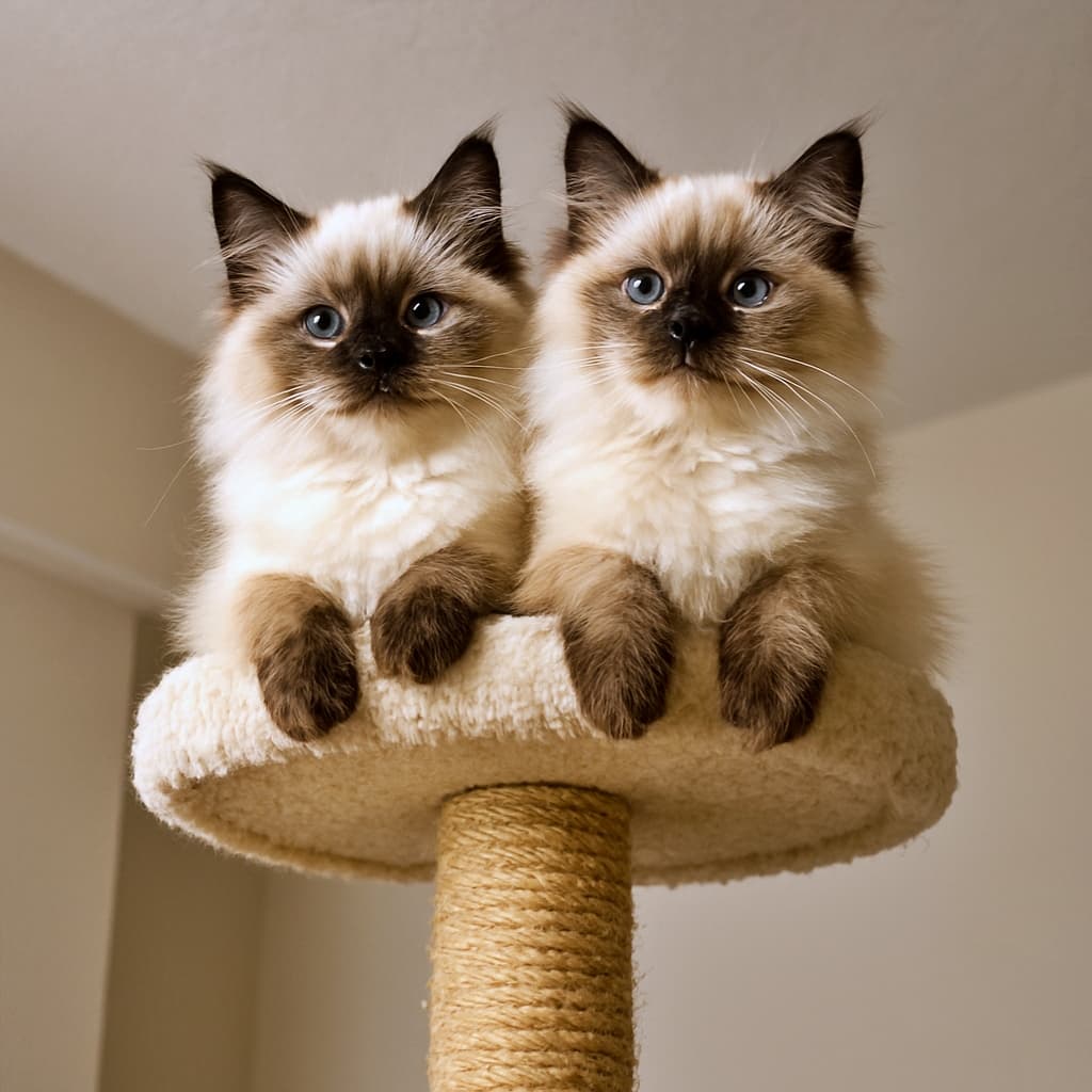 Two fluffy Ragdoll kittens perched together on the top platform of a tall cat tree, gazing proudly down with bright blue eyes. ふわふわのラグドール子猫が2匹、背の高いキャットタワーの最上段に並んで座り、誇らしげな表情で下を見下ろしている