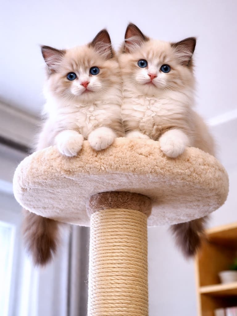 Two fluffy Ragdoll kittens sit squeezed together on the top platform of a tall cat tree, proudly looking down at their territory. 背の高いキャットタワーの最上段に、ふわふわのラグドールの子猫2匹がぎゅっと並んで座り、誇らしげに下を見下ろしている