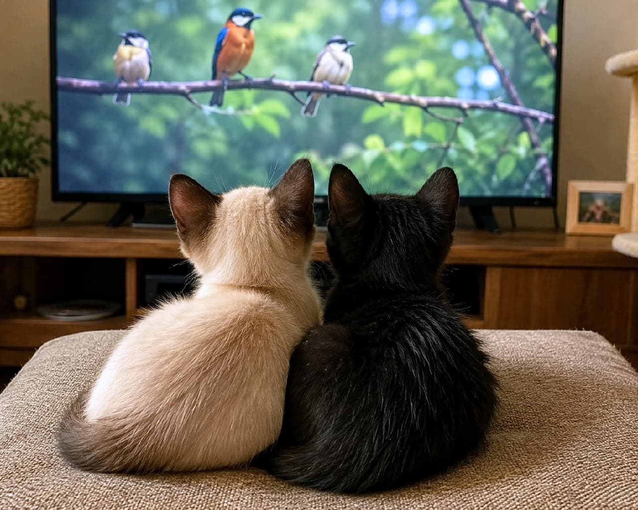 「「あ!鳥さんだニャ!」📺🦜 テレビに釘付けな後ろ姿が尊すぎる…!ふたりで何をコソコソ話してるのかな?🤭💭 #猫の後ろ姿 #テレビ猫 #子猫のいる暮らし #子猫のいる生活 #仲良しきょうだい #猫好きさんと繋がりたい」Ultra-realistic high-quality photograph from behind of two kittens—a Siamese and a solid black—sitting together on a beige sofa, intently watching a vivid TV broadcast of wild birds on a branch. Their alert ears and fluffy rounded backs are perfectly framed within a cozy living room setting. リビングのベージュのソファに並んで座り、大型テレビに映し出された枝にとまる3羽の野鳥の映像を食い入るように見つめる、シャム猫と黒猫の子猫の後ろ姿。ピンと立った耳と、ふんわりとした背中の丸みが愛らしく、画面の鮮やかな緑が部屋のナチュラルなインテリアと調和しています