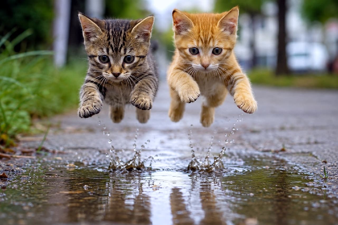 「せーのっ!ジャーンプ!!🐾 雨上がりの水たまりも、元気なふたりにとっては最高のアトラクションですね🌈✨ #猫の写真 #躍動感 #子猫の冒険 #子猫のいる生活 #猫のいる暮らし #仲良しきょうだい #猫好きさんと繋がりたい」Ultra-realistic high-quality photograph of two energetic short-haired kittens—a brown tabby and an orange tabby—leaping perfectly in sync over a water puddle on a paved path. The mid-air action, their focused expressions, and the detailed water splashes stand out beautifully against the softly blurred, lush green background of a post-rain park. 雨上がりのしっとりとした公園の遊歩道で、水たまりを息ピッタリで飛び越える短毛のキジトラと茶トラの子猫たち。空中に浮かんだ躍動感あふれるポーズ、真剣に前を見据える表情、そして足元で跳ね上がる美しい水しぶきのディテールが、背景のボケた緑豊かな木々と相まって生命力に満ちた奇跡の瞬間を捉えています