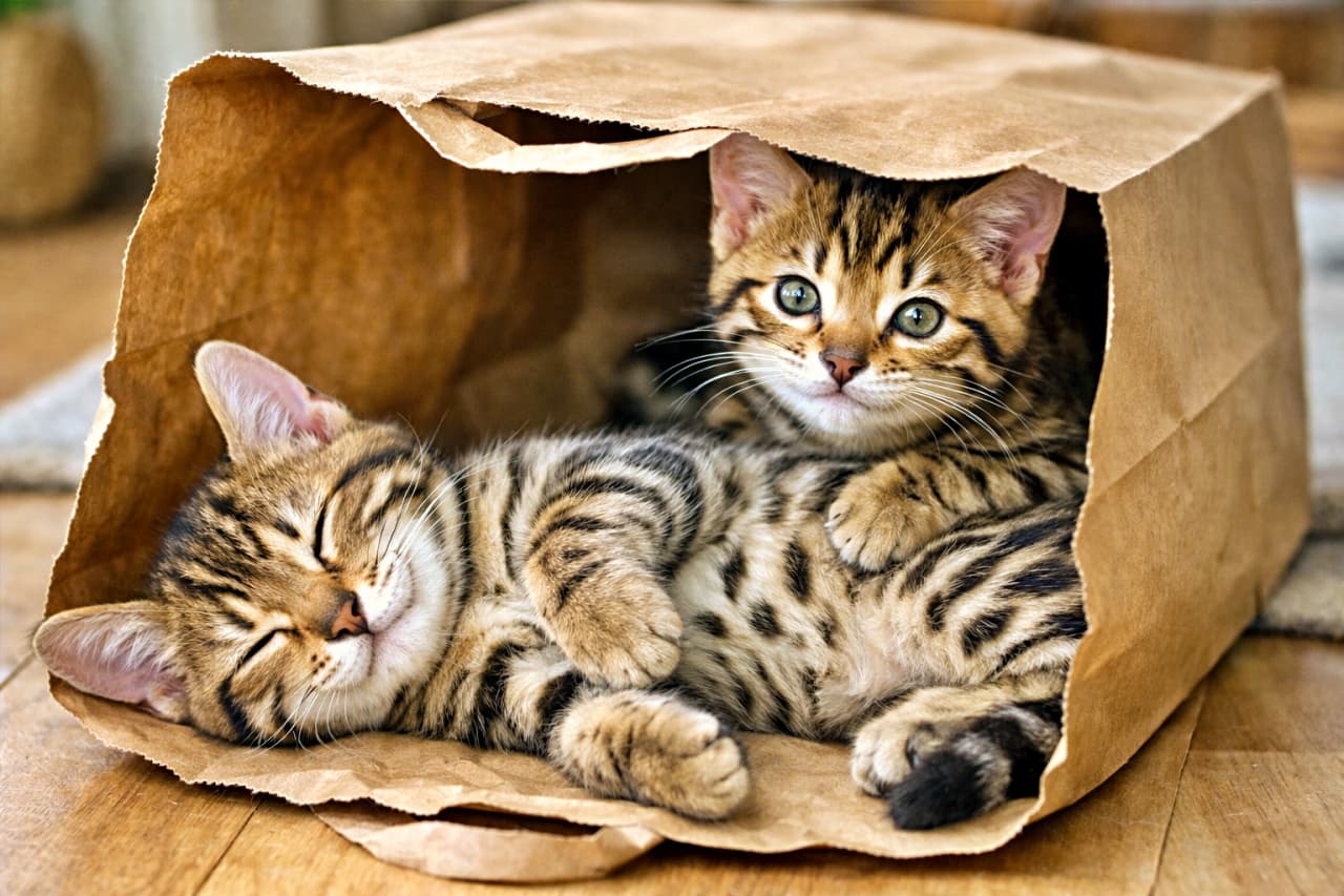 Two energetic Bengal kittens play inside a crumpled brown paper bag on a wooden floor. One lies on its back with paws up, while the other sits upright with its mouth open, as if meowing. Their vivid green eyes and lively poses create a playful, photorealistic scene. 元気いっぱいのベンガル子猫が木製の床の上に置かれた茶色の紙袋の中で遊んでいる。1匹は仰向けになって前足を上げ、もう1匹は口を開けて鳴いているような姿勢で座っている。鮮やかな緑の瞳と活発な動きが、写実的で楽しい雰囲気を演出している