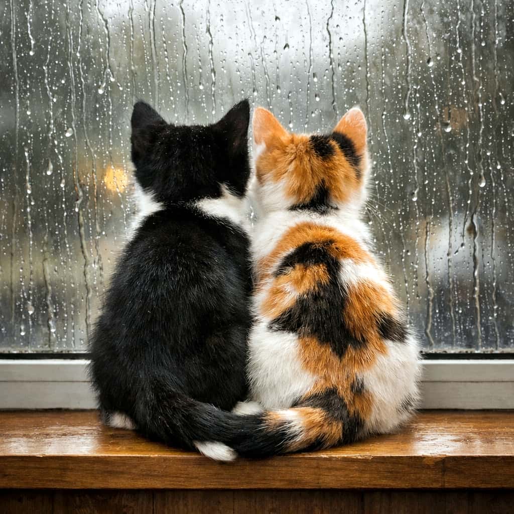Two kittens, a black-and-white tuxedo kitten and a calico kitten, sit side by side on a wooden windowsill, their tails gently wrapped together as they watch rain streak down the window. 白黒のタキシード柄の子猫と三毛猫の子猫が、木製の窓辺に並んで座り、しっぽを絡めながら雨粒が流れる窓の外を眺めている