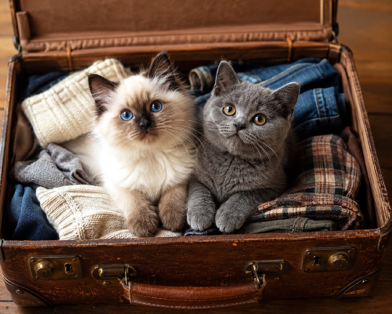 「「私たちも旅行に連れてって!」🧳 トランクを開けたらこんな可愛いサプライズが…⁉️✈️🐾 #猫とお出かけ #バーマン #シャルトリュー #猫のいる暮らし #仲良しきょうだい #猫好きさんと繋がりたい」Ultra-realistic high-quality photograph of two kittens—a fluffy Birman with bright blue eyes, and a grey Chartreux with golden eyes—sitting comfortably among cozy knitwear and plaid clothes inside a vintage brown suitcase. The contrast of their breeds creates a rich, nostalgic atmosphere. 使い込まれたブラウンのアンティークトランクの中に詰められた、ニットやチェック柄の厚手の冬服の上にちょこんと座る2匹の子猫。透き通るようなサファイアブルーの瞳を持つふわふわのバーマンと、まん丸なイエローの瞳を持つグレーのシャルトリューの対比が美しく、上質でノスタルジックな質感が漂う一枚