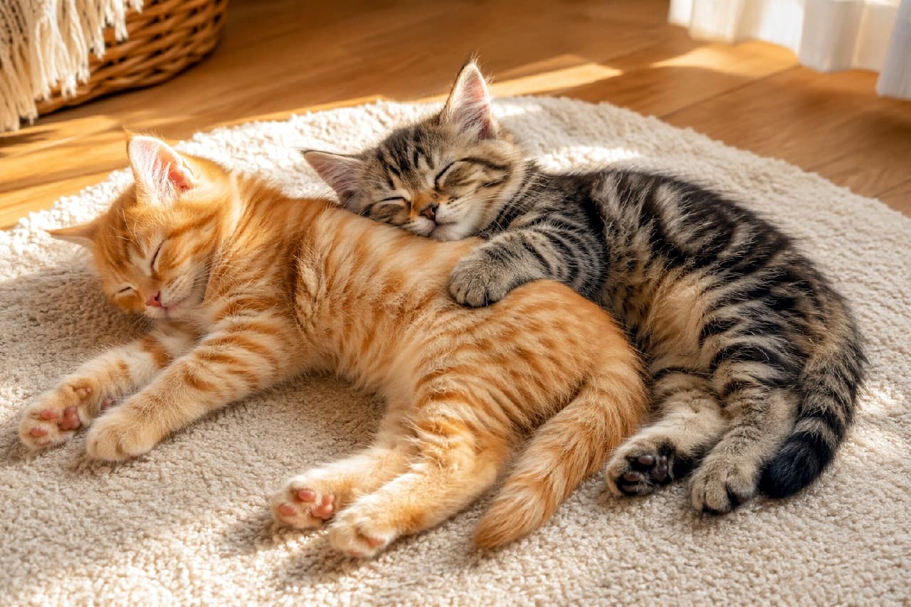 「ぽかぽかお昼寝タイム…💤 どんな夢を見ているのかな?見ているだけで一緒に眠くなっちゃう可愛さです🧶🐈 #お昼寝猫 #癒やしの時間 #猫のいる暮らし #仲良しきょうだい #猫好きさんと繋がりたい」Ultra-realistic high-quality photograph of two sleeping kittens, an orange tabby and a brown tabby, snuggled closely together on a fluffy round white rug bathed in warm sunlight. The brown tabby rests its paw gently on the orange tabby's back in a remarkably peaceful and heartwarming afternoon scene. 暖かな日差しがたっぷりと降り注ぐふかふかの白い円形ラグの上で、茶トラとキジトラの子猫が身を寄せ合って熟睡している様子。キジトラが茶トラの背中にそっと前足を乗せ、2匹とも安心しきったようにギュッと目を閉じている表情からは、きょうだいの深い絆と平和な午後のひとときがダイレクトに伝わります