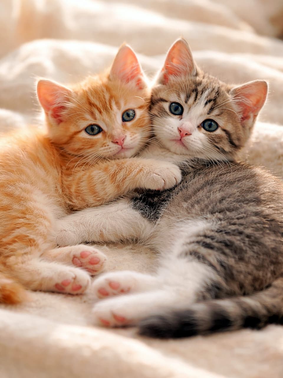 「ぴったり密着、安心の特等席。ぬくもりも気持ちも分け合う、仲良し子猫の午後☀️🐾」Two kittens lying on their sides in warm sunlight, one kitten resting its head and paws on the other’s body, full bodies visible and snuggled affectionately. あたたかな日差しの中、横向きに並んで寝そべる2匹の子猫。片方がもう片方の体に頭と前足をのせ、全身が見える状態で寄り添っている