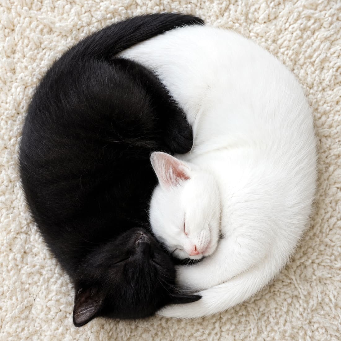 「まるで「陰陽☯️」のシンボル！白黒の子猫ちゃんたちが描く奇跡のまん丸寝相に心癒されますね🐈💖 #白黒猫 #陰陽 #癒しの時間」Ultra-realistic high-quality photograph of a solid black kitten and a solid white kitten curled up together on a fluffy cream-colored rug. They are sleeping peacefully in a perfect circle shape resembling a Yin-Yang symbol, showcasing a beautiful and highly detailed contrast between their sleek black and pristine white fur under soft, natural lighting. 柔らかなオフホワイトの毛足の長いラグマットの上で、艶やかな被毛を持つ純黒の黒猫と、雪のように真っ白な白猫の子猫が、お互いの体に沿うように丸まって眠っています。「陰陽」のシンボルのような完璧な真円を描いており、ぎゅっと目を閉じた安らかな寝顔と、対極をなす白と黒の美しいコントラストが、極めてリアルで神秘的な癒やしの情景を作り出しています