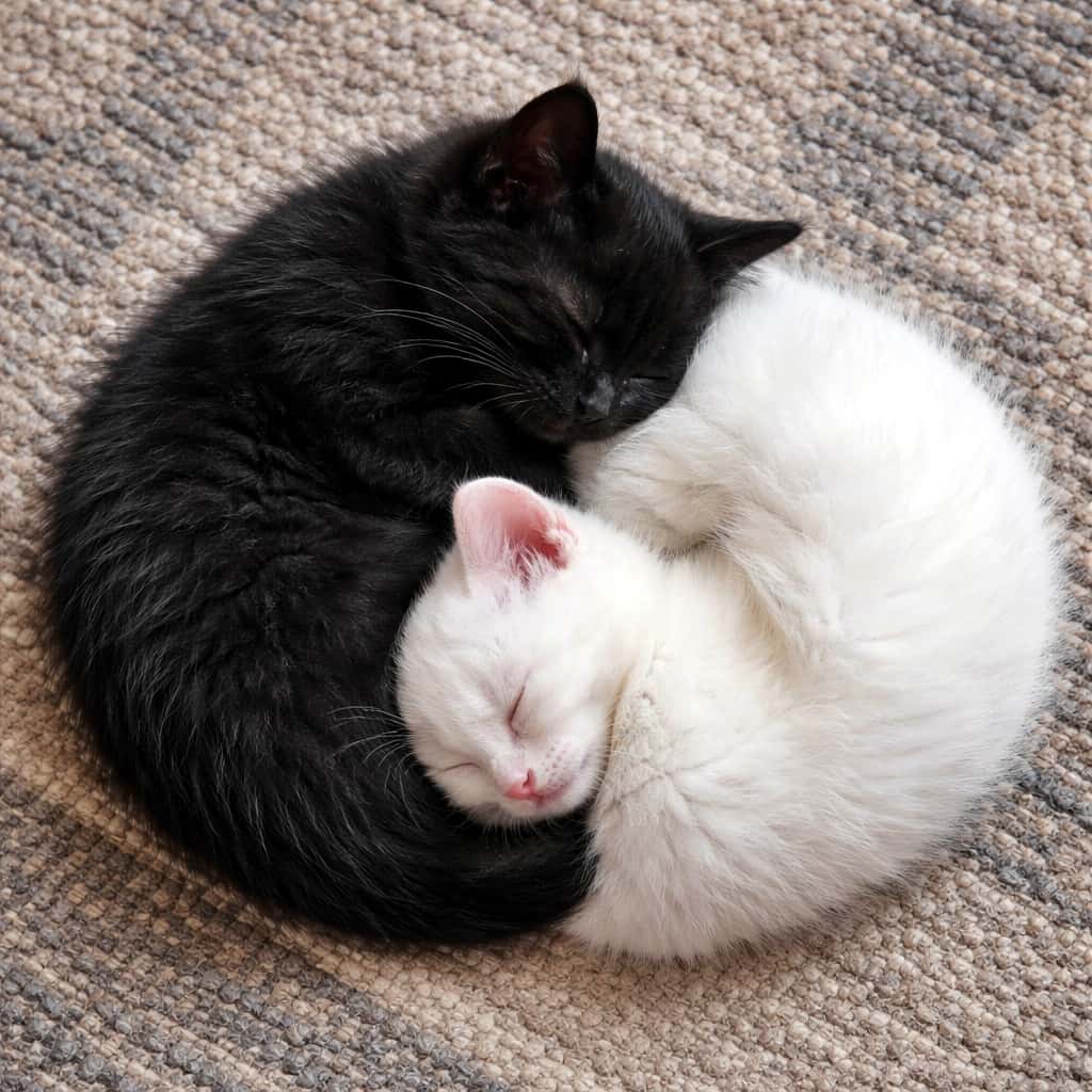 Two kittens, one solid black and one solid white, are curled up together on a rug, sleeping in a perfect circle that resembles a Yin Yang symbol. 黒一色の子猫と白一色の子猫がラグの上で寄り添い、陰陽（Yin Yang）マークのような完璧な円を描いて眠っている
