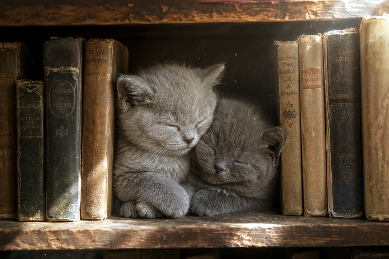 「古い洋書の間に可愛い妖精さんを発見📖✨陽だまりの中で寄り添う2匹の寝顔に心ぽかぽか☀️」Ultra-realistic high-quality photograph of two British Shorthair kittens sleeping tightly pressed together in a narrow gap between antique books on a wooden shelf. Warm, angled sunlight highlights the floating dust particles, the worn book covers, and the kittens' velvety bluish-gray fur, creating a mystical atmosphere. 古びた洋書が隙間なく並ぶ木製の本棚で、本と本の間のわずかなスペースに2匹のロシアンブルー風（ブルー単色）の子猫がぴったりと収まり、顔を寄せて眠っています。斜めから差し込む暖かな陽光が、細かい埃の粒子や本の表紙の擦れ、そして子猫のビロードのような青みがかったグレーの被毛を神秘的に浮かび上がらせています
