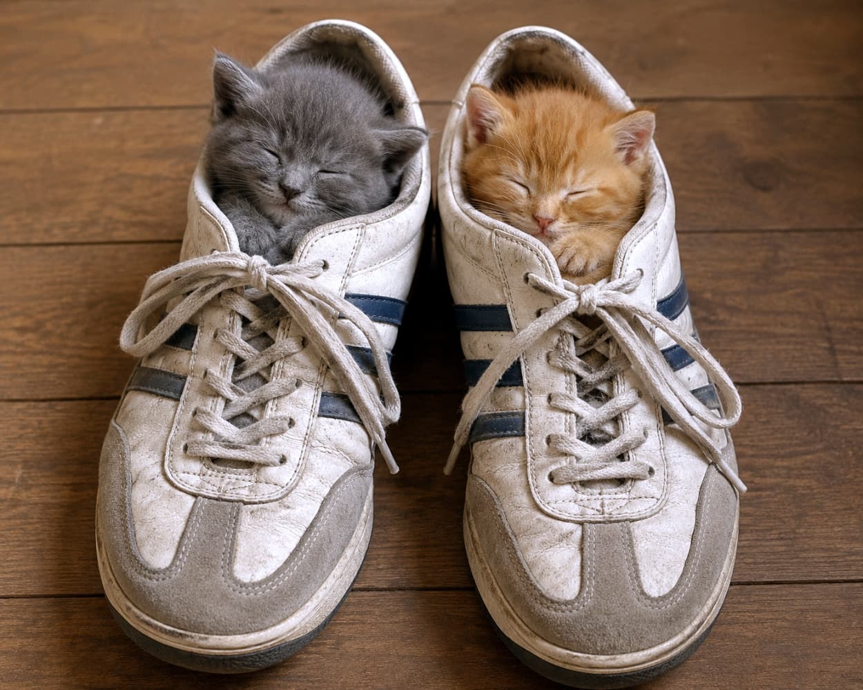 「パパの靴の中は安心する匂いがするのかな👟？ぴったりサイズの秘密基地で仲良く夢の中へ🐾」Ultra-realistic high-quality photograph of a grey kitten and an orange tabby kitten sleeping peacefully, each tucked inside one of a pair of well-worn white sneakers on a wooden floor. The contrast between the textured leather shoes and the soft fur creates a playful and unique composition. フローリングの床に置かれた使い込まれた白いスニーカーの左右それぞれの靴の中に、グレーと茶トラの子猫がすっぽりと入り込み、顔を出して安らかに眠っています。靴紐の質感やレザーの風合いと、子猫の柔らかい被毛の対比がユニークで、遊び心溢れる構図