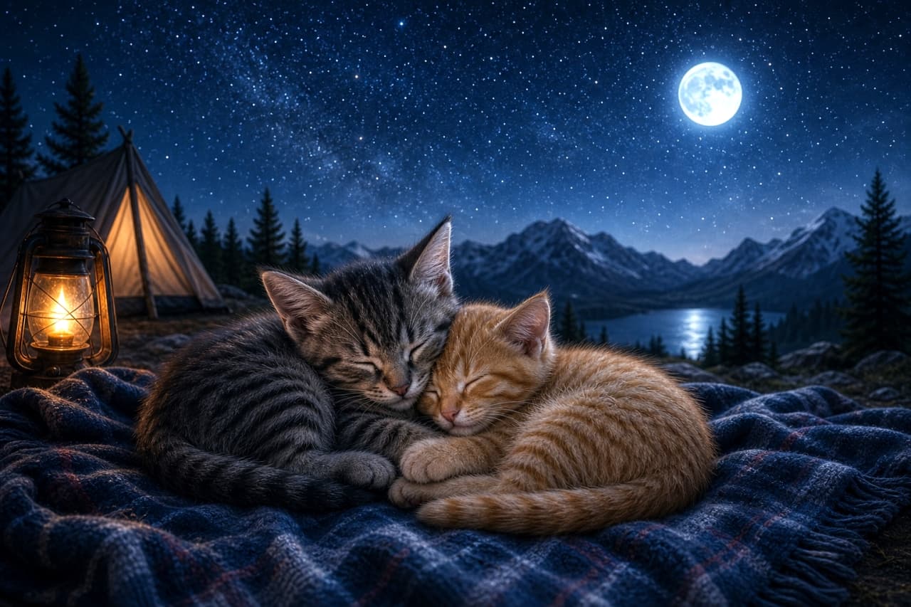 「星降る夜のキャンプ場で、ぴったりくっついて夢の中へ🏕️ランタンの優しい灯りとスヤスヤ寝顔に癒される最高の夜✨ #星空キャンプ #寄り添う猫 #きょうだい」Ultra-realistic high-quality photograph of tabby and orange kitten siblings sleeping closely huddled together on a red and blue plaid blanket at a campsite, under a breathtaking starry night sky with a bright full moon. The background features majestic mountains, a serene lake, pine trees, and a softly glowing lantern next to a tent. The mystical moonlight beautifully highlights their soft fur, creating a magical and relaxing atmosphere. 満天の星空と明るい満月が輝く夜のキャンプ場で、青と赤のチェック柄の毛布の上で身を寄せ合って眠るきょうだい子猫。左側のキジトラの子猫と、右側の茶トラの子猫が、頭をピタリと寄せ合い、体を丸めた愛らしいポーズでスヤスヤと目を閉じています。背景には雄大な山脈、静かな湖、シルエットになった松の木、そして左側には温かく灯るランタンとテントが配置されています。星々や月の神秘的な光が子猫たちの柔らかな被毛を美しく浮かび上がらせる、幻想的で心安らぐ情景