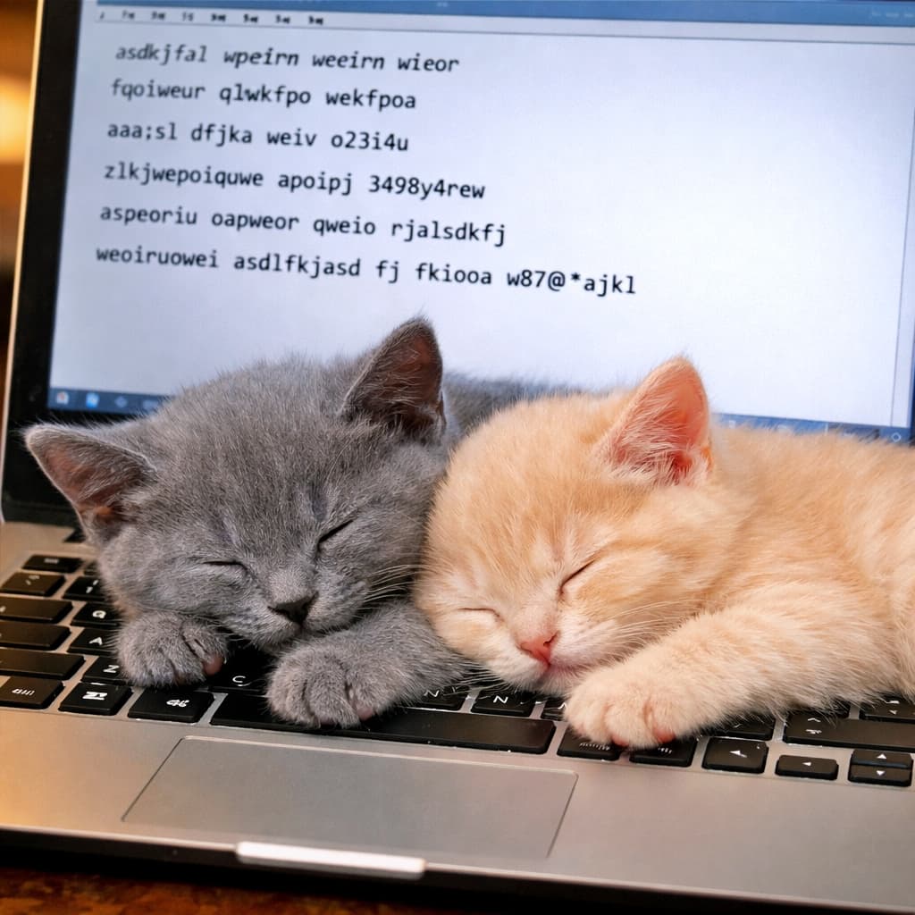 Two kittens, a Russian Blue and a cream-colored kitten, sleeping peacefully on a warm laptop keyboard, with a screen showing random gibberish text typed by their paws. ロシアンブルーの子猫とクリーム色の子猫が、暖かいノートパソコンのキーボードの上で気持ちよさそうに眠っており、画面には肉球で打ったような意味不明な文字が表示されている