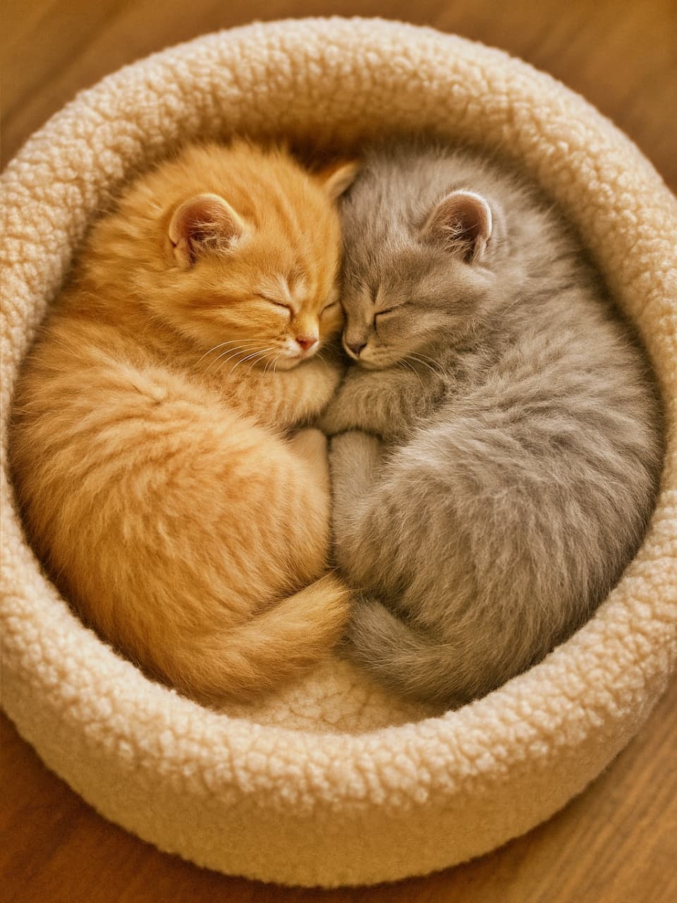 「茶トラとグレーの完璧なバランス✨ 互いの温もりを感じながら夢の中へ…最高の癒やしタイム😴💕」High-angle shot of two kittens, one orange tabby and one grey, sleeping in a perfect yin-yang formation within a fluffy round cat bed. ふわふわの丸い猫用ベッドの中で、茶トラ（オレンジ）とグレーの子猫が互いに体を預け、完璧な陰陽の形で丸まって眠っている様子