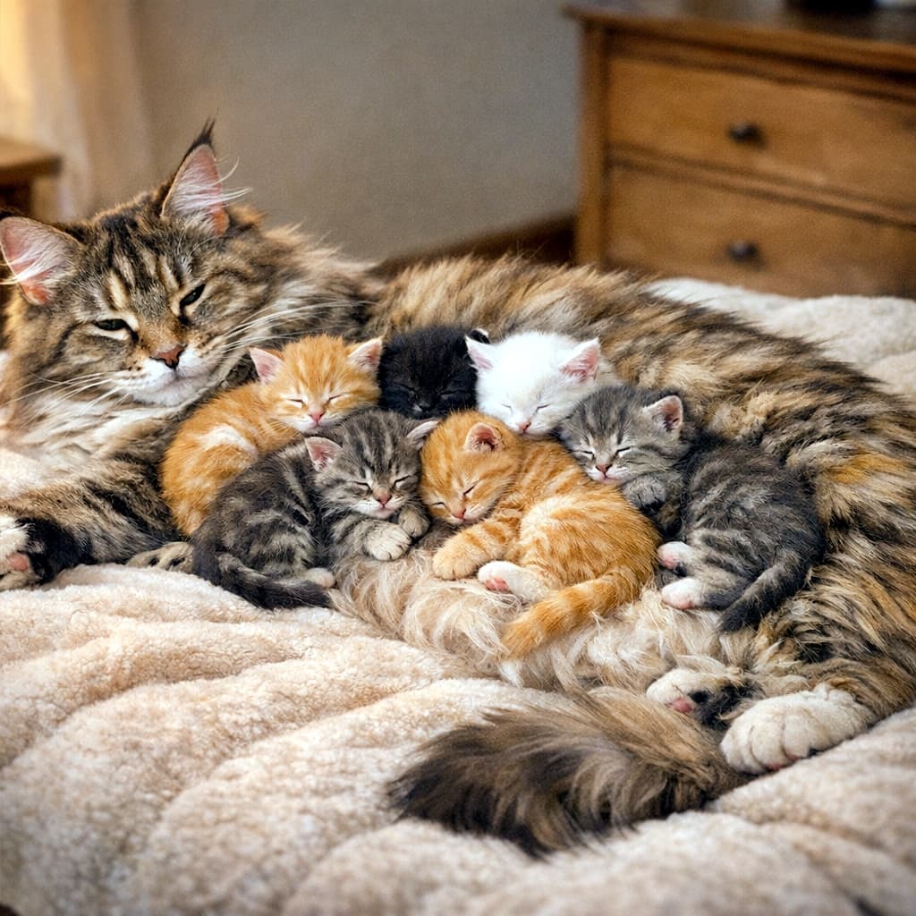 A large, gentle Maine Coon mother cat lying on her side, with eight tiny kittens sleeping in a warm pile on her belly and flank under soft indoor lighting.　大きく穏やかなメインクーンの母猫が横になり、お腹と体の横に8匹の小さな子猫たちが重なって眠る、安心感と愛情に満ちた室内シーン