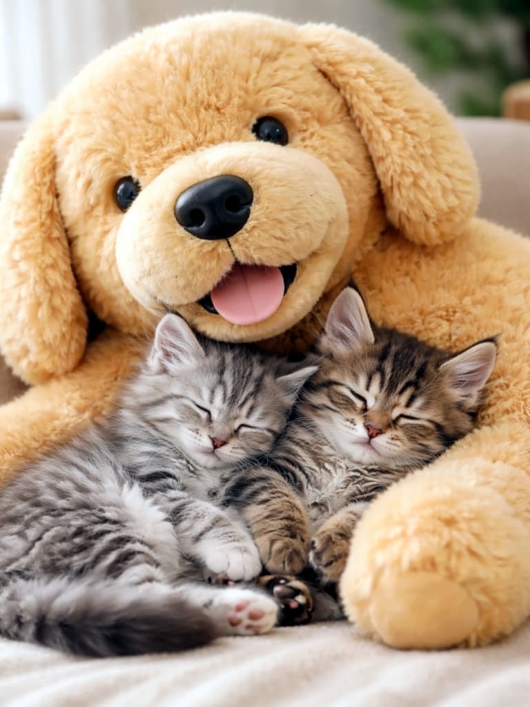 Two small Maine Coon kittens are sleeping closely together, snuggled against a giant golden retriever plush toy, looking safe, calm, and completely content. 2匹の小さなメインクーンの子猫が、巨大なゴールデンレトリバーのぬいぐるみに寄り添いながら眠っており、とても安心しきった穏やかな表情をしている