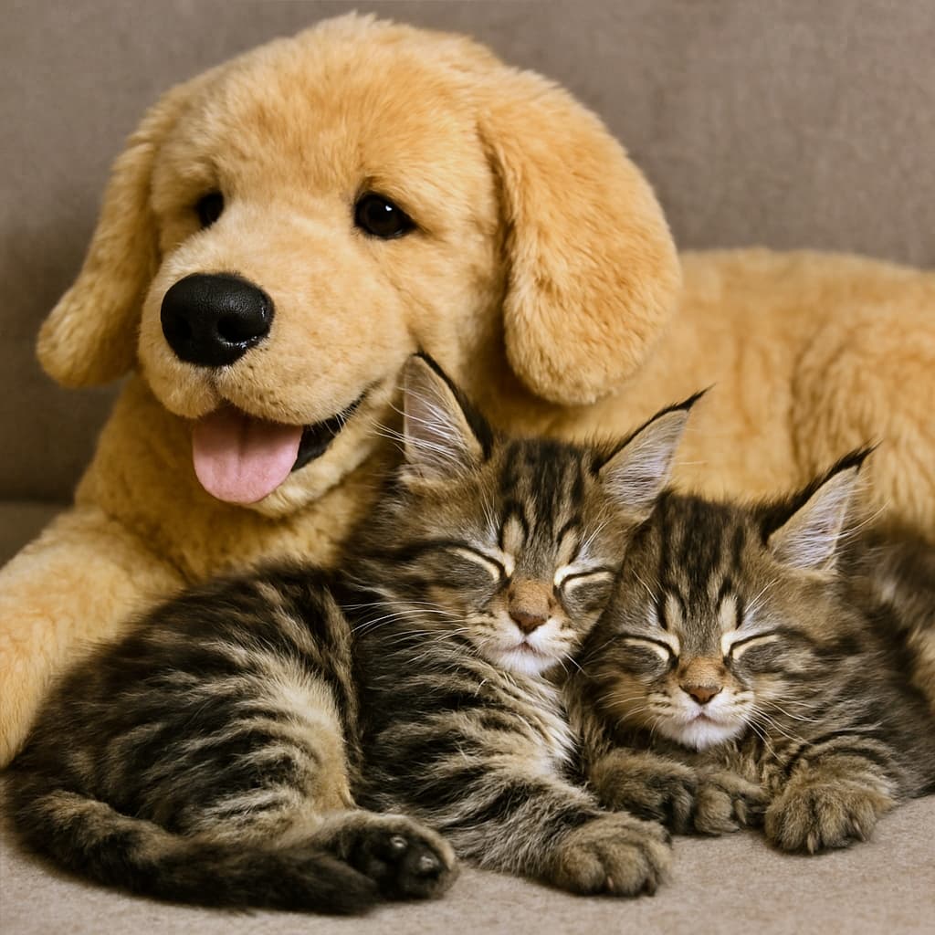 Two Maine Coon kittens sleep peacefully nestled against a large golden retriever plush toy, their tabby fur blending softly into the toy’s golden surface. Their closed eyes and relaxed posture convey a deep sense of safety and warmth. 2匹のメインクーンの子猫が、大きなゴールデンレトリバーのぬいぐるみに寄り添って穏やかに眠っている。タビー模様の毛並みがぬいぐるみの金色の毛に優しく溶け込み、閉じた瞳とくつろいだ姿勢が安心感とぬくもりを伝えている