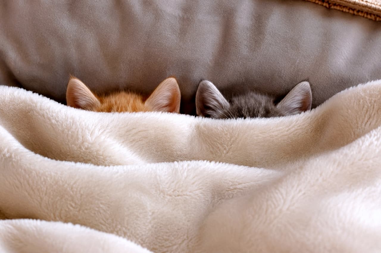「ぬくぬく毛布の中からお耳だけ登場🐾仲良くかくれんぼしながらぬくぬくお昼寝しているのかな？💤 #子猫」Ultra-realistic high-quality photograph showing only the tiny ears of an orange kitten and a gray kitten poking out from beneath a thick, wavy white fluffy blanket. The faces are hidden, emphasizing the extremely soft texture of the blanket and the cozy, warm winter atmosphere. 波打つようにふかふかな白い毛布の中から、茶トラとロシアンブルー風のグレーの子猫の小さな耳だけがちょこんと覗いています。顔や体はすっぽりと隠れており、被毛の滑らかな質感と毛布のボリューム感が、この上なく暖かく柔らかな冬のぬくもりを想像させます