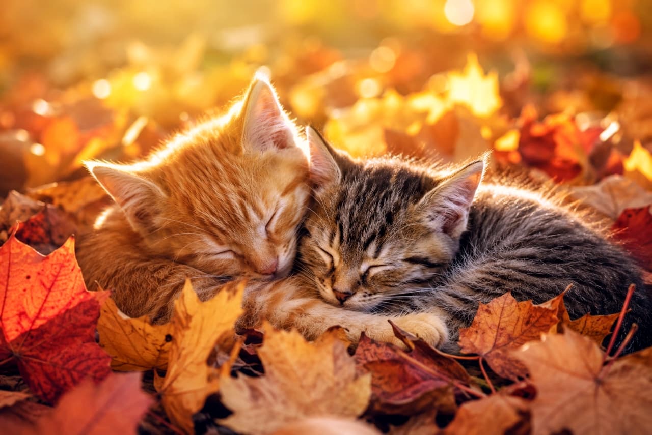 「秋色の落ち葉のベッドで仲良くお昼寝🍁夕陽に照らされたフワフワな寝顔が最高に可愛いね🐈✨ #子猫」Ultra-realistic high-quality photograph of an orange and a tabby kitten sleeping closely together on a vibrant carpet of red and yellow autumn leaves. The golden evening sunlight beautifully backlights their fluffy fur, capturing the stunning beauty of the fall season and their peaceful slumber. 赤や黄色に色づいた鮮やかな秋の落ち葉の絨毯の中で、茶トラとキジトラの子猫が顔を寄せ合い、深い眠りについています。傾きかけた秋の夕陽が逆光気味に子猫たちの輪郭を黄金色に縁取り、柔らかな被毛の質感と季節の移ろいの美しさを見事に捉えた情景