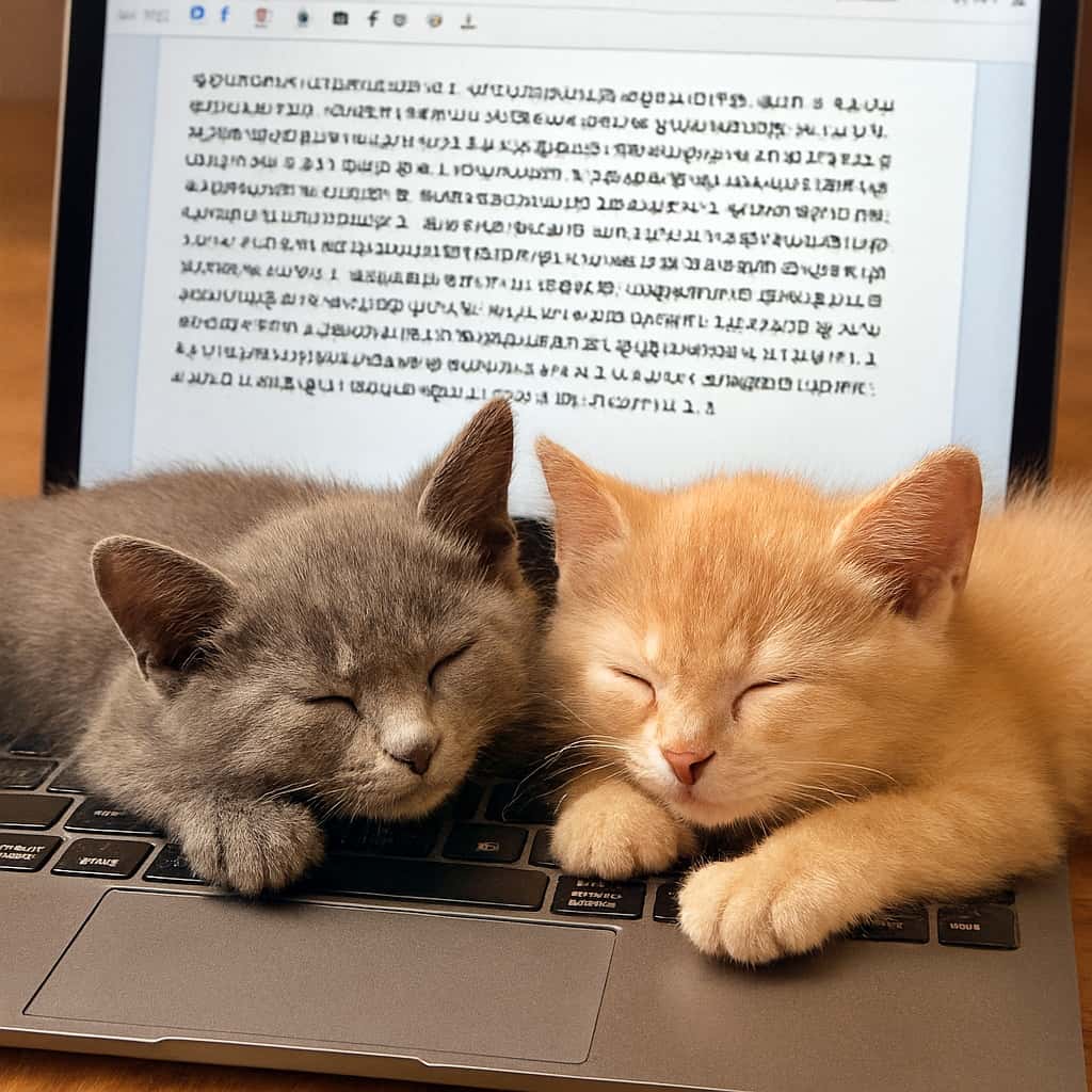 Two kittens—one Russian Blue and one cream-colored—sleep peacefully on a laptop keyboard, their paws resting on the keys. The screen displays a gibberish document typed by their accidental keystrokes. Warm lighting and soft fur textures evoke a cozy, humorous atmosphere. ロシアンブルーの子猫とクリーム色の子猫がノートパソコンのキーボードの上で仲良く眠っている。前足はキーの上に置かれ、画面には彼らの無意識のタイピングによる意味不明な文章が表示されている。柔らかな毛並みと暖かい光が、ユーモラスで心地よい雰囲気を醸し出している