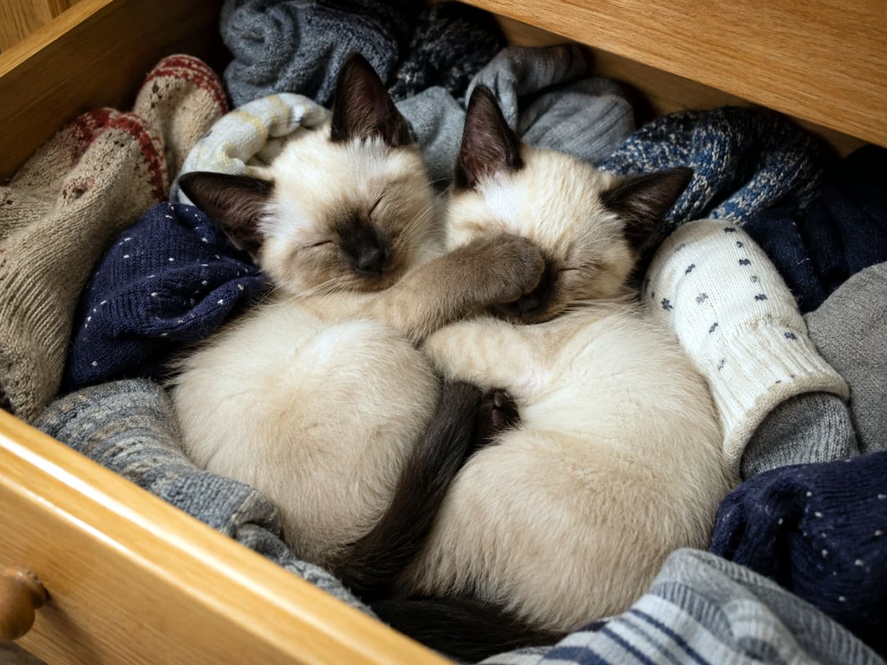 「セーターの引き出しは世界一あったかい秘密基地🧶🐾仲良くお顔を隠してスヤスヤ夢の中へ💤」Ultra-realistic high-quality photograph of two Siamese-style kittens sleeping deeply in a wooden drawer filled with warm winter knits and socks. One kitten gently places its paw over the other's face, showcasing their distinct point coloration and soft cream fur. 木製の引き出しの中で、冬物のニットや靴下に埋もれるようにして眠る2匹のシャム風の子猫。特徴的なダークブラウンの耳と鼻先を持ち、ふかふかのクリーム色の被毛を寄せ合い、一匹がもう一匹の顔にそっと前足を乗せて深い眠りについています