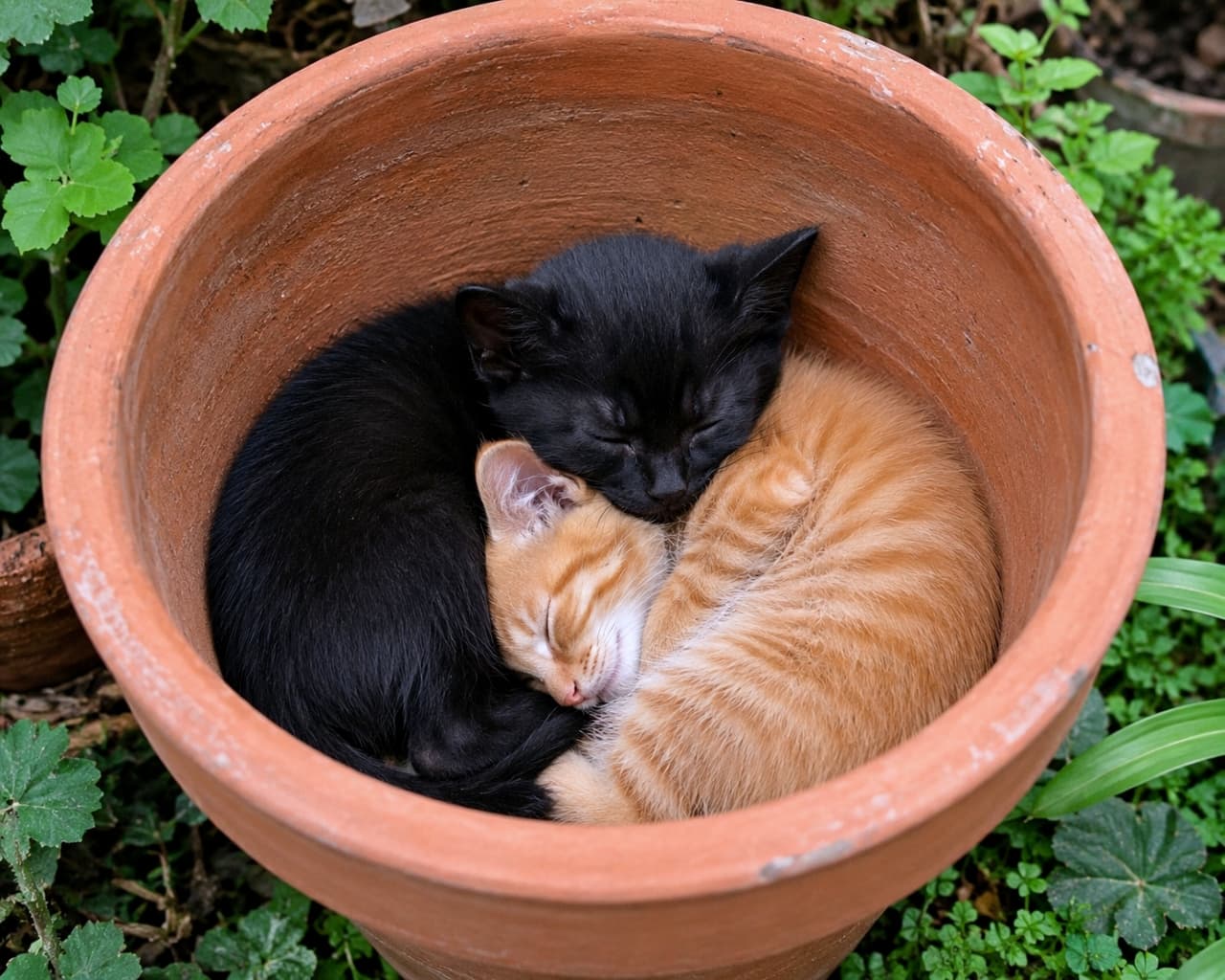 「植木鉢のベッドにすっぽり収まってお昼寝中🪴黒猫ちゃんと茶トラちゃんのコントラストが最高に美しいですね🐾✨」Ultra-realistic high-quality photograph of a sleek black kitten and a bright orange tabby kitten sleeping curled up tightly together inside a terracotta flower pot. They fit perfectly together like a yin-yang symbol. The rustic texture of the pot and the surrounding lush green plants beautifully complement the adorable kittens. 緑豊かな植物に囲まれた庭先で、テラコッタの植木鉢の中にすっぽりと収まり、体を丸めて眠る2匹の子猫。艶やかな被毛を持つ美しい黒猫と、鮮やかなオレンジ色の縞模様が目を引く茶トラの子猫が、まるで陰陽のマークのようにぴったりとパズルピースのように寄り添っています。素焼きの鉢の質感と背景の自然な緑が、猫たちの姿をより愛らしく引き立てています