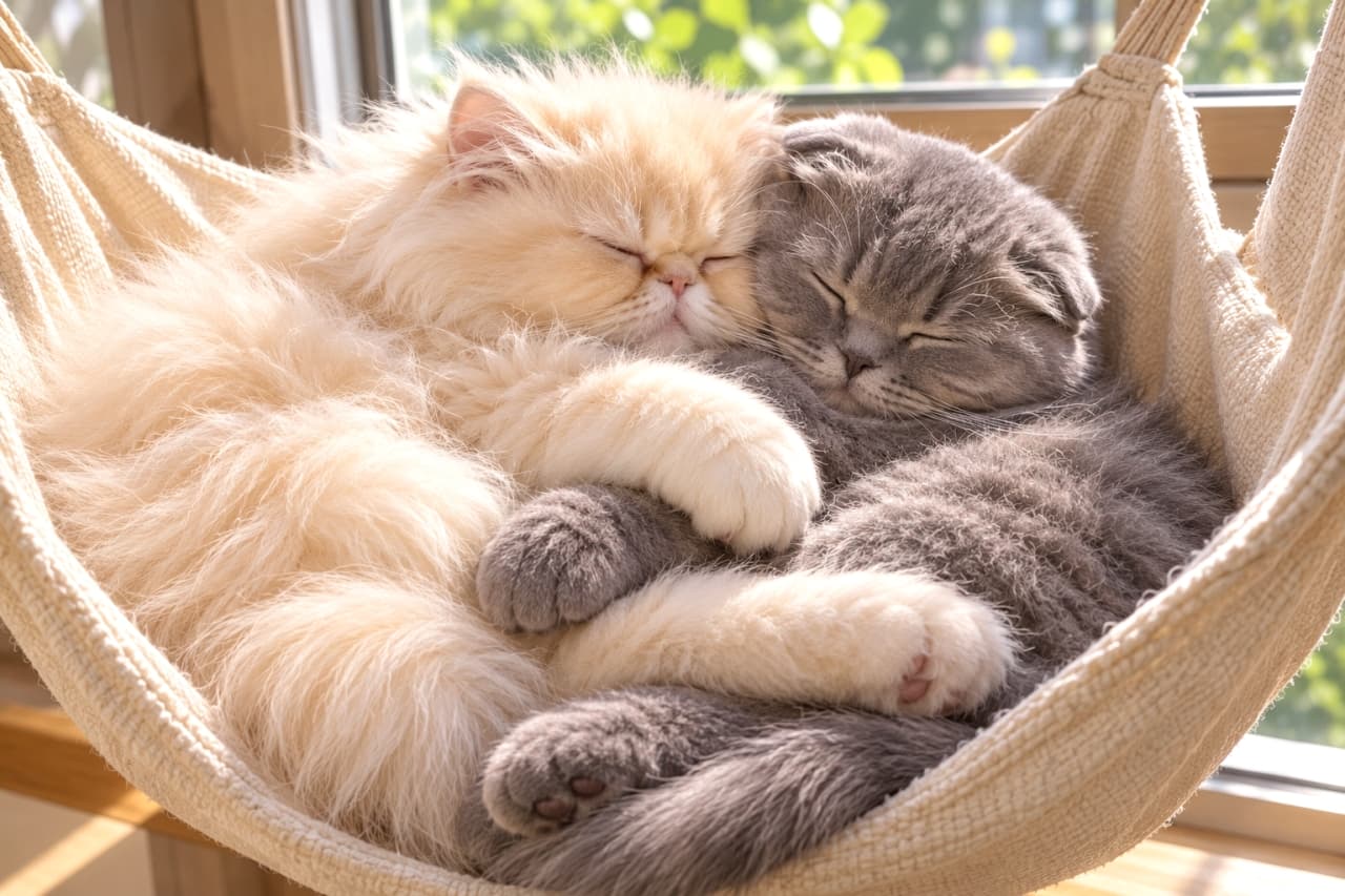 「ハンモックの中でぎゅっとハグして夢の中へ💤クリームとグレーのふわもこコンビの寝顔に心癒やされますね🐱💕」Ultra-realistic high-quality photograph of two adorable kittens sleeping while hugging each other in a fabric window hammock. On the left is a fluffy cream-colored long-haired kitten resembling a Persian, and on the right is a blue (grey) kitten with cute folded ears like a Scottish Fold. The soft natural sunlight and the blurred green background through the window create a warm, tranquil atmosphere. 窓辺に設置された布製のハンモックの中で、幸せそうに抱き合って眠る2匹の子猫。左側はペルシャを思わせる豊かな被毛を持つクリーム色（薄い茶トラ）の長毛種、右側はスコティッシュフォールドのような愛らしい垂れ耳を持つブルー（グレー）の子猫です。お互いの腕を絡ませ合い、窓の外の柔らかな日差しと背景の緑が、温かく穏やかなまどろみの時間を演出