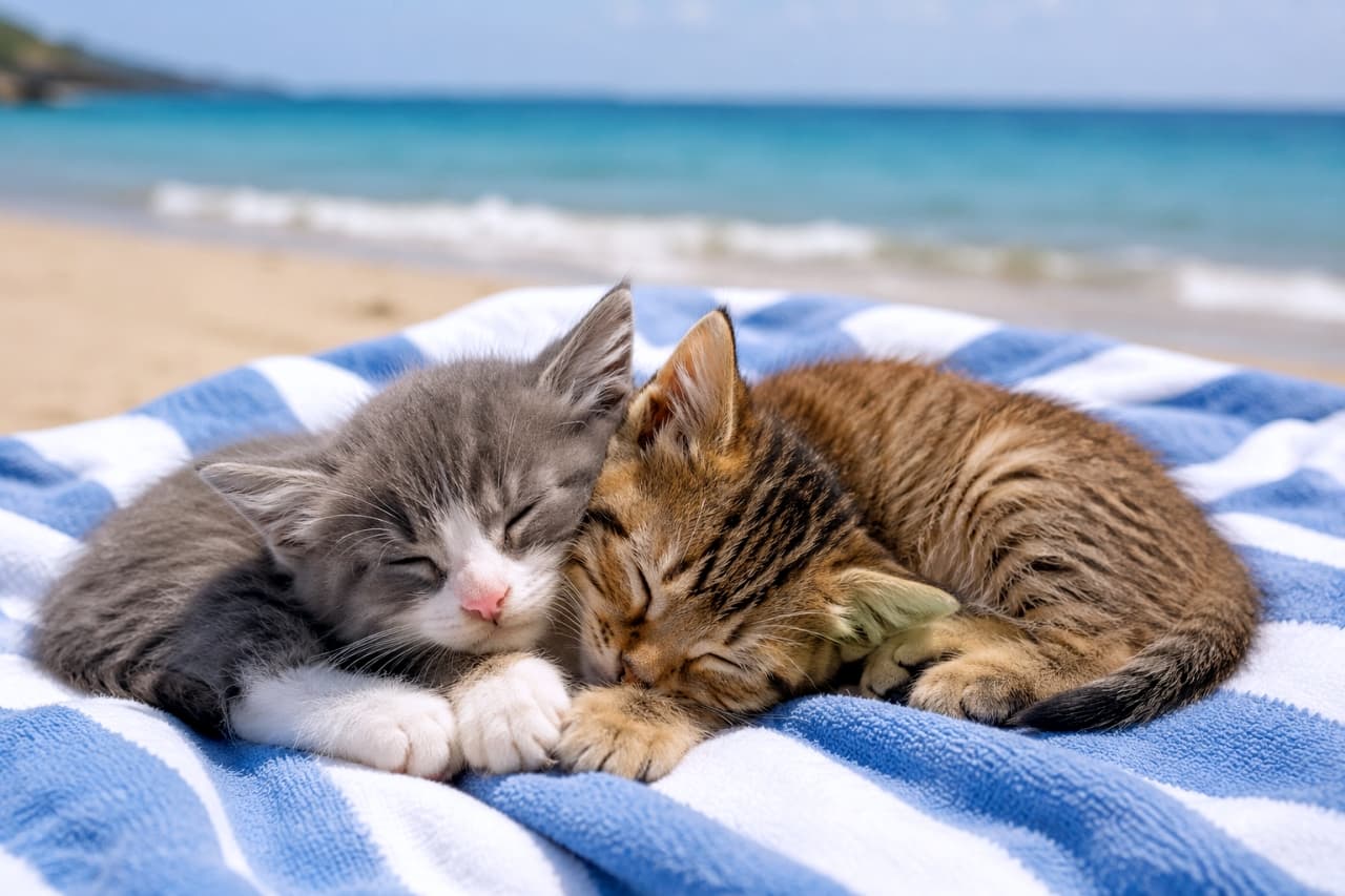 「波の音を子守歌にしてビーチでお昼寝中🏖️💤海風を感じながらのんびり過ごす子猫たちの姿に癒やされよう🌊🐈」Ultra-realistic high-quality photograph of two adorable kittens, a grey and white bicolor and a brown tabby, sleeping cozily on a blue and white striped beach towel. The background features a sunny beach with sparkling blue ocean waves, capturing a relaxing summer vacation vibe under bright natural light. 晴れ渡る青い海と砂浜を背景に、青と白のストライプ柄のビーチタオルの上で気持ちよさそうに眠る2匹の子猫。左側はピンクの鼻が愛らしいグレーと白のハチワレ、右側は暖かみのあるキジトラです。夏の強い日差しが子猫たちの被毛を明るく照らし、バカンス中のリラックスした雰囲気が漂う鮮やかな情景