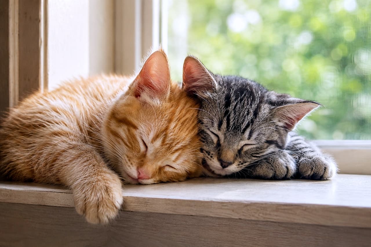 「ポカポカの窓辺が一番の特等席☀️🌿緑をバックに並んで眠る茶トラ＆キジトラきょうだいの至福の時間です🐱✨」Ultra-realistic high-quality photograph of an orange tabby and a brown tabby kitten sleeping side-by-side on a wooden windowsill, resting their chins on the surface. The background showcases beautifully blurred lush green foliage through the window, with natural sunlight creating a glowing, transparent effect on the kittens' whiskers and ear tufts. 木漏れ日が差し込む窓辺の木製枠に並び、あごをペタリと乗せて気持ちよさそうに眠る2匹の子猫。左の明るい茶トラと右のシックなキジトラがぴったりとくっついています。背景の窓ガラス越しに見える新緑の緑が美しくボケており、子猫たちのヒゲや耳の毛が光に透けて輝く、透明感あふれる描写