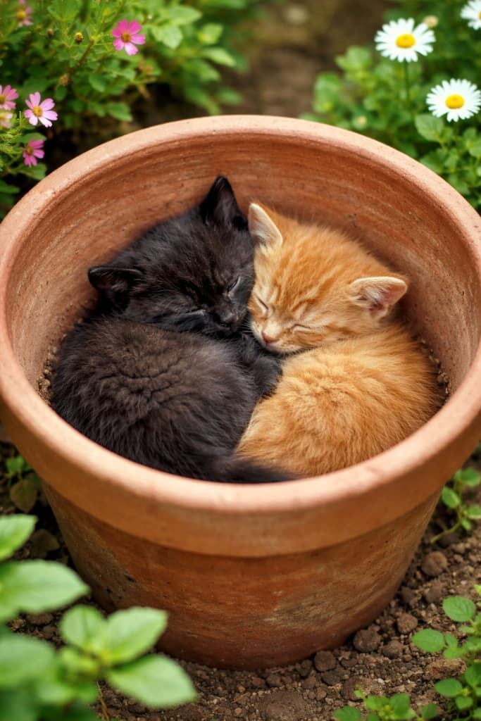 Two tiny kittens, one black and one ginger, sleeping curled up together inside a large terracotta flower pot in a sunlit garden. 黒い子猫と茶トラの子猫が、庭に置かれた大きな素焼きの植木鉢の中で寄り添って眠っている