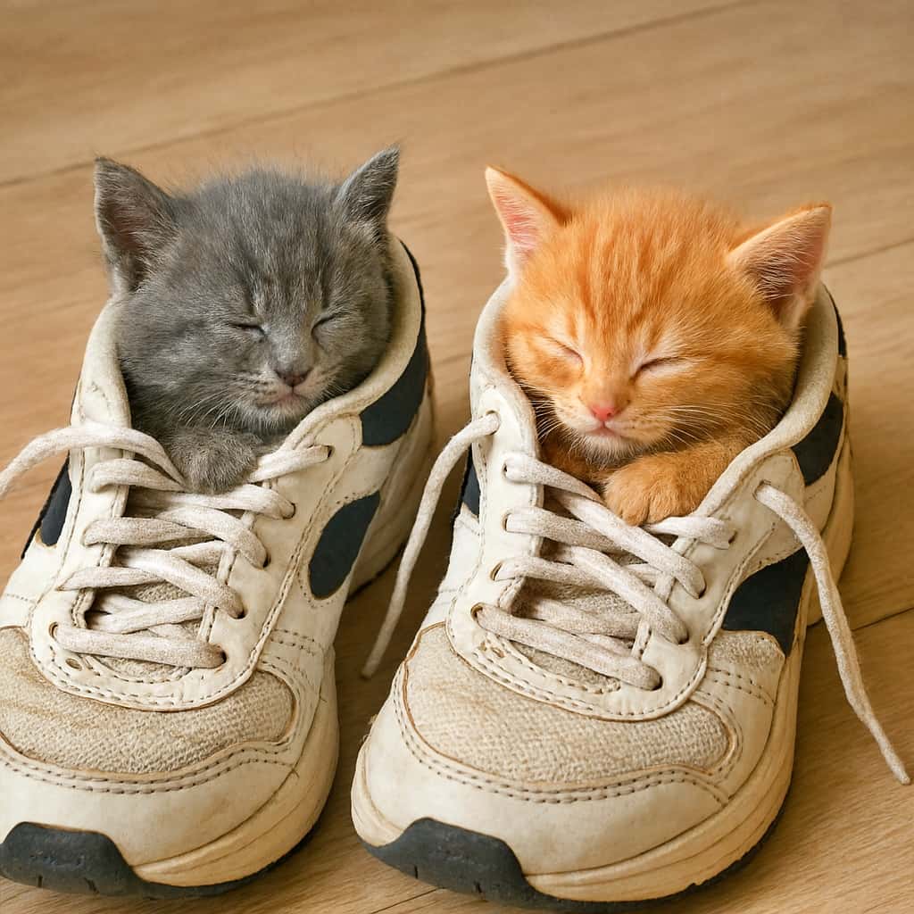 Two kittens—a rugged tabby and a sleek black—sleep curled up together on a bale of hay in a rustic barn, with warm sunlight streaming through gaps in the wooden roof. 素朴な納屋の干し草の上で、毛並みの荒いキジトラ子猫と艶やかな黒猫が寄り添って眠っており、木造屋根の隙間から柔らかな日差しが差し込んでいる