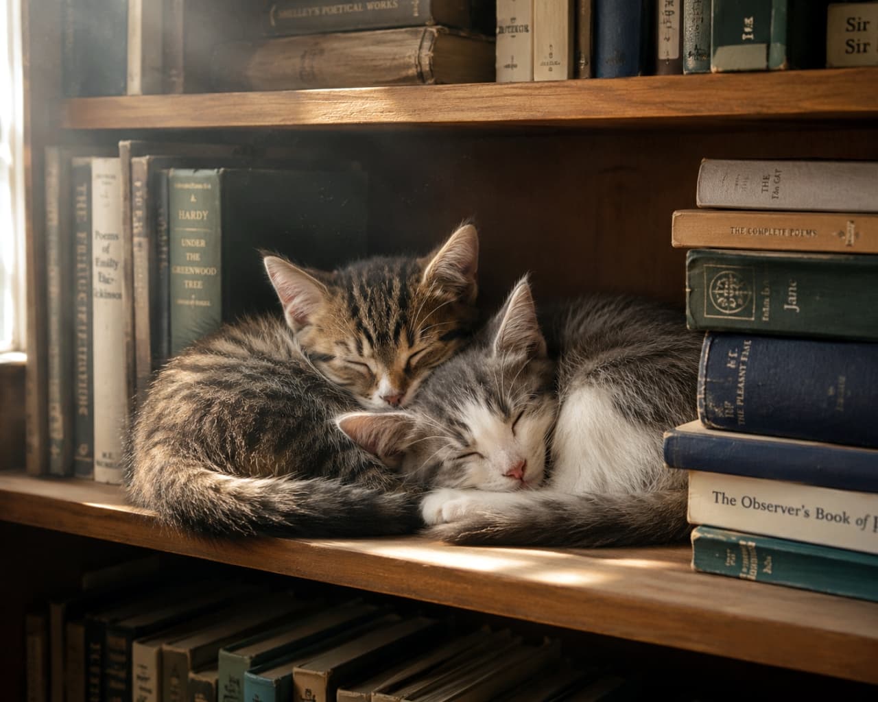 「古い本棚の隙間は2匹だけの秘密のベッド📚💤ぽかぽか陽だまりの中でお昼寝タイム🐾」Ultra-realistic high-quality photograph of a tabby kitten and a silver-tabby-and-white kitten sleeping closely together on a wooden bookshelf lined with antique books. Soft window light warmly illuminates their fluffy fur, creating a peaceful and intellectual atmosphere. アンティークな洋書が並ぶ木製の本棚の隙間で、キジトラとサバトラ白の子猫が身を寄せ合って深く眠っています。窓から差し込む柔らかな光が二匹の豊かな被毛を温かく照らし出し、静寂と知的な雰囲気が漂う空間で、深い安心感に包まれている様子が伝わります