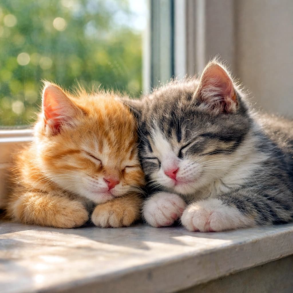 Two kittens sleeping side by side on a sunlit windowsill, their heads gently leaning together in warm natural light. 窓辺の明るい日差しの中で、頭を寄せ合って並んで眠る2匹の子猫