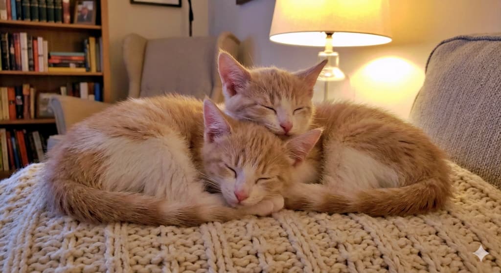Two orange and white kittens sleep together on a knitted blanket, one resting its head on the other. 編み目の毛布の上で寄り添って眠る2匹の茶白の子猫。1匹がもう1匹に頭を乗せている