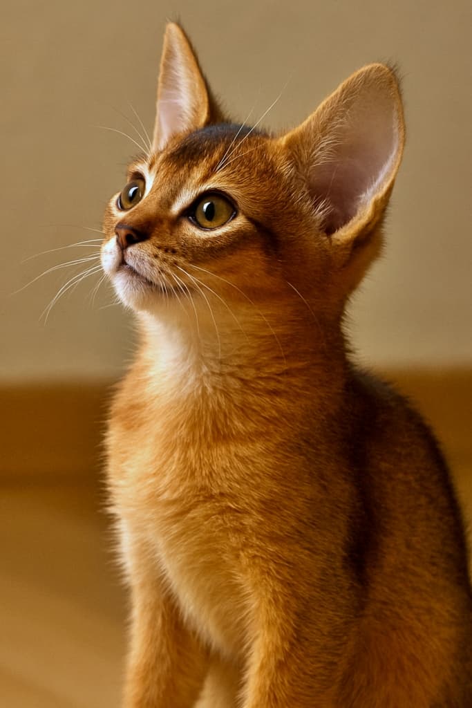 「見上げるルディのまなざし、未来を探す小さな冒険者！」A small Abyssinian kitten, ruddy coat, sits indoors in warm light, gazing upward with a curious expression. One ear stands tall in sharp focus, the other naturally visible. The kitten’s mouth curves softly at the corners, giving an attentive look. The side profile of its head and upper body is clear, with realistic fur detail against a simple background. 室内で座る小さなアビシニアンのルディ子猫。柔らかな光に包まれ、上を見上げる好奇心いっぱいの表情。片耳がくっきりと立ち、もう片方も自然に見える。口元はわずかに上がり、優しい集中した雰囲気。頭部と上半身の横顔が鮮明に描かれ、毛並みの質感がリアルに表現され、背景はシンプル