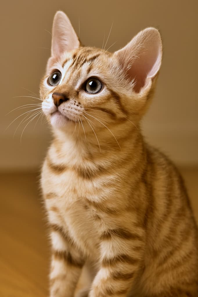 「小さな冒険者、未来を見つめるまなざし！」A photorealistic Bengal Snow Marble kitten sits indoors, gazing upward with a bright, curious expression. One ear stands tall in crisp focus while the other is naturally visible. The kitten’s mouth curves slightly upward, giving a soft, attentive look. Its full side profile—head and upper body—is unobstructed, with detailed realistic fur texture illuminated by soft warm indoor lighting against a simple background. 室内で座るベンガルのスノーマーブル子猫が、明るく好奇心に満ちた表情で上を見上げています。片方の耳はピンと立ち鮮明に映り、もう一方も自然に見えています。口元はわずかに上がり、柔らかく注意深い印象を与えます。頭部と上半身の横顔が完全に見え、柔らかな室内照明がリアルな毛並みを際立たせ、背景はシンプルで邪魔になりません