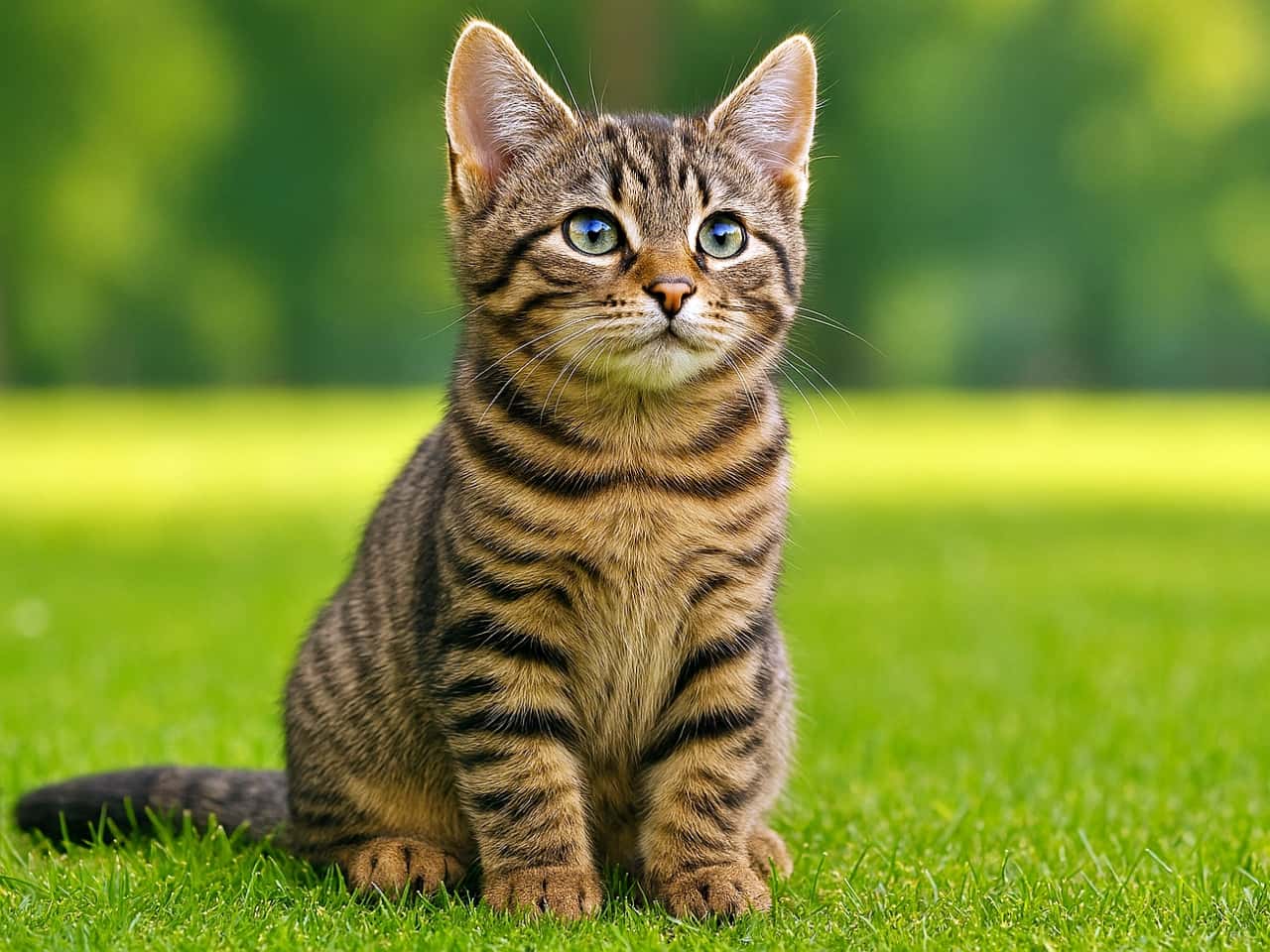「ぽかぽか陽気のお散歩日和☀️🌿キラキラの瞳で見つめられたら、もうメロメロです😻大自然と猫の組み合わせは最強！ #キジトラ #猫散歩」Ultra-realistic high-quality photograph of a single brown tabby kitten sitting gracefully on vibrant green grass. The kitten's clear blue-green eyes and beautifully illuminated striped coat are captured with high precision against a softly blurred natural green background. 鮮やかな緑の芝生の上にちょこんと座る、一匹のキジトラ子猫。澄んだ青緑色の瞳で一点を見つめる凛とした表情と、日光に照らされて輝く美しい縞模様の被毛が、背景の美しい緑のボケ味とともに写真集の一ページのように高精細に切り取られています
