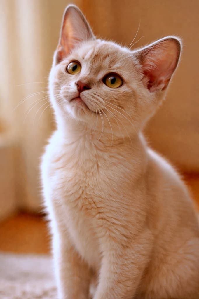 A small champagne-colored Burmese kitten sitting indoors, shown in a clear side profile, looking upward with a bright and curious expression under soft warm lighting. 室内で座り、明るく好奇心に満ちた表情で見上げるシャンパンカラーのバーミーズ子猫の横顔。やわらかな暖色の光に包まれている